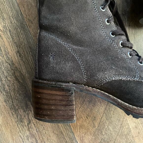 Frye Boots Sabrina Charcoal Suede Lace Up Block Heel Heeled Combat Bootie - Picture 4 of 11